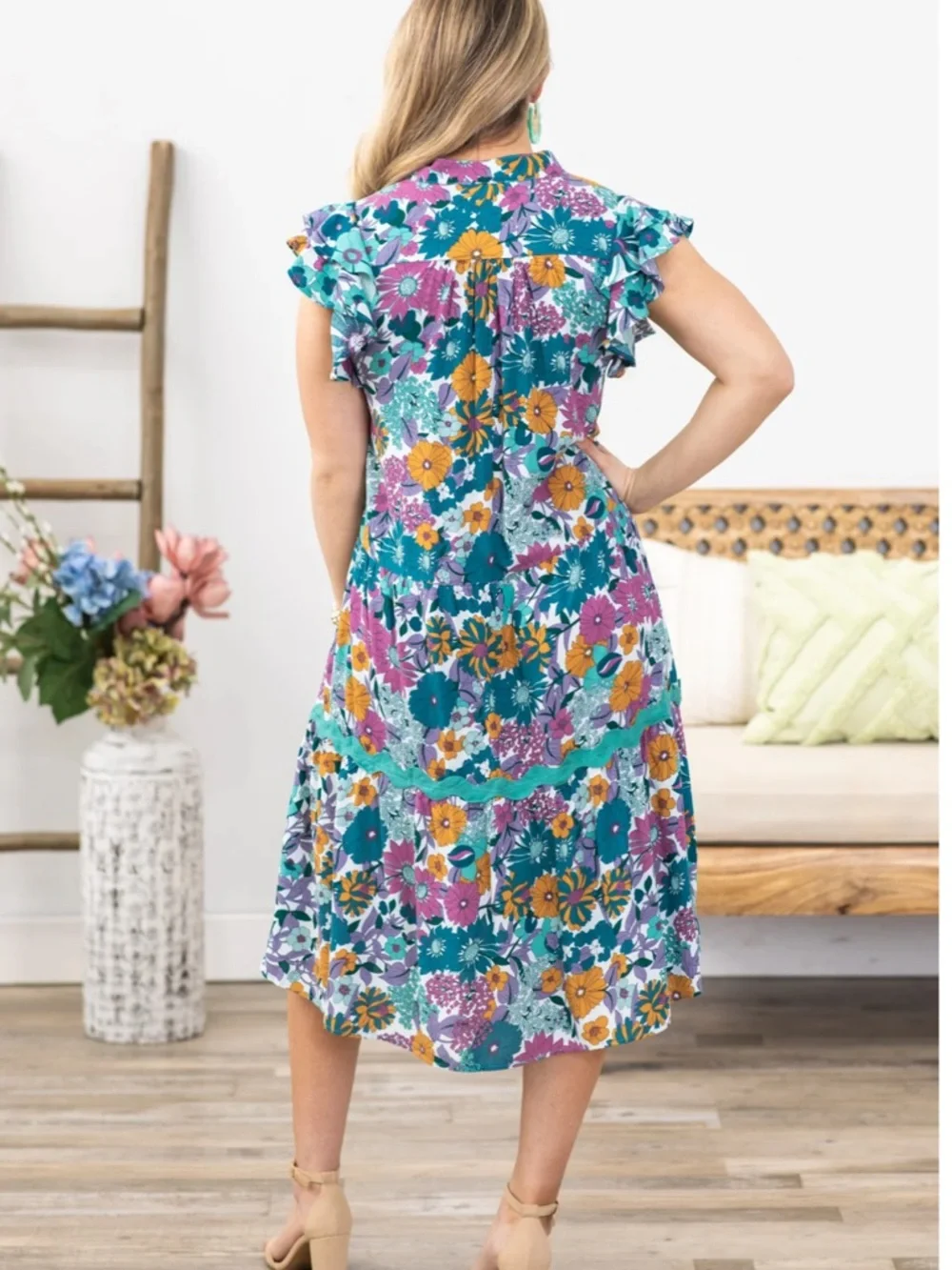 Umgee Floral Print Ric Rac Midi Dress Ruffle Ruffle Sleeve Size Small - Picture 12 of 13